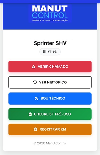 Tela exibida ao escanear o QR Code do equipamento: Abrir Chamado, Ver Histórico, Sou Técnico, Checklist Pré-Uso e Registrar KM ou Horímetro